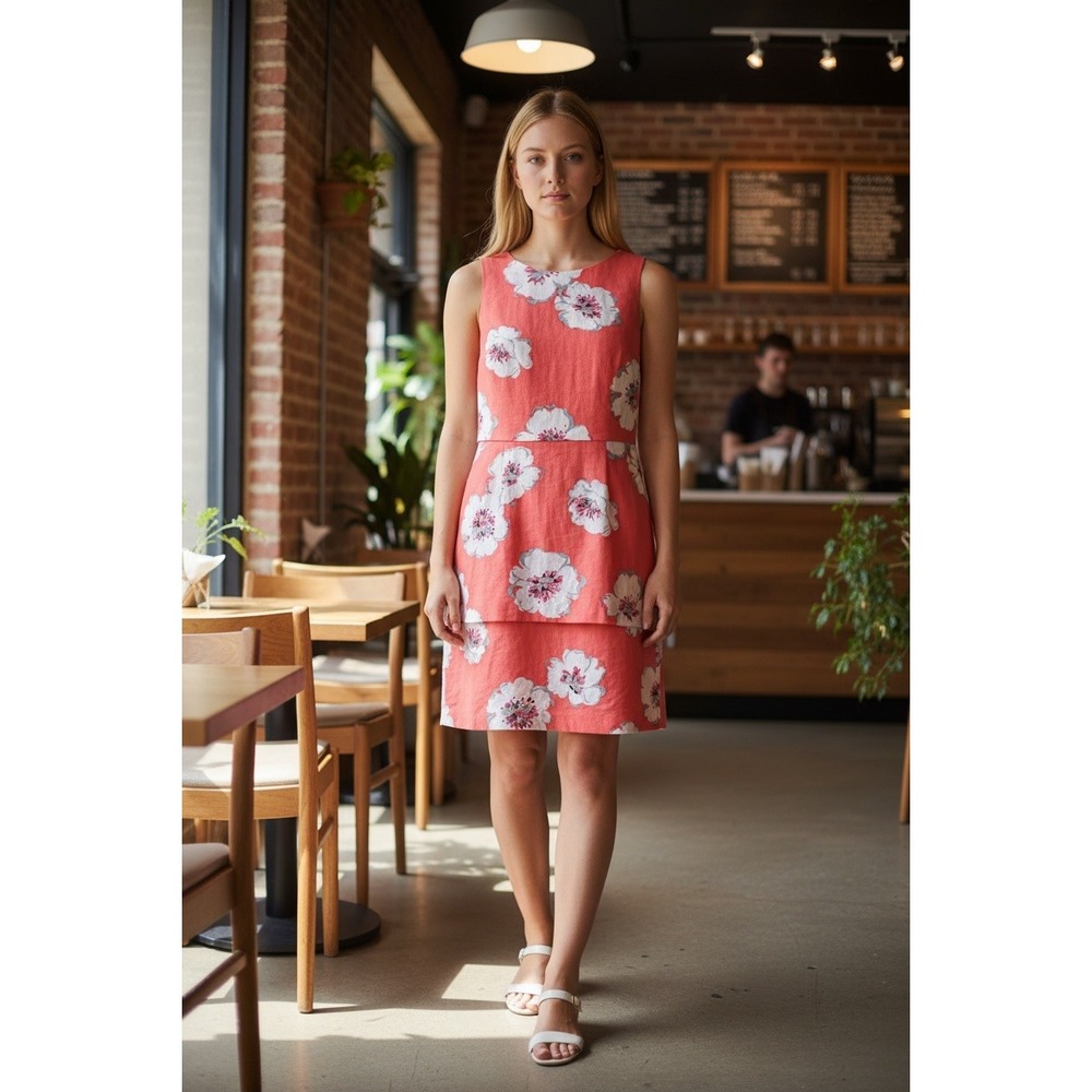 Ivanka‎ Trump Floral Popover Shift Dress Womens Coral Linen Blend Summer